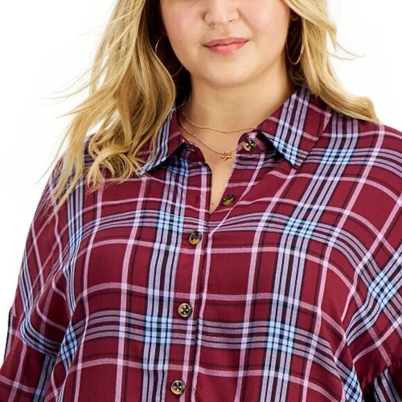 Love, Fire Raw Hem Plaid Button-Down Top sz 1x - Picture 3 of 14